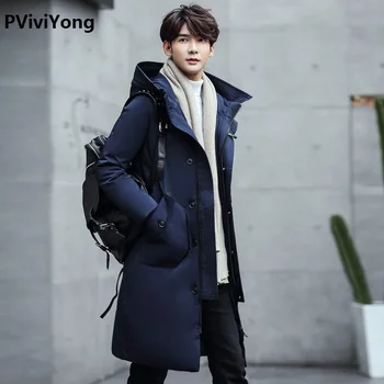 

PViviYong 2019 Winter high quality white duck down hooded jackets men's down jackets, long slim parkas men 65