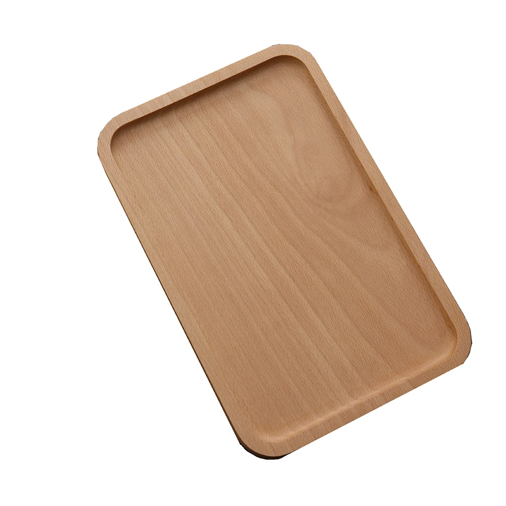 Beech Wood Rectangular Dinner Plate Food Round Corner Snack Dessert Serving Tray