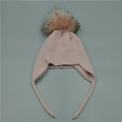 Pink match fur Осенне-зимняя детская шапочка, шапка с натуральным мехом, шапка с помпоном для мальчиков и девочек, шерсть вязаная теплая шапочка, хлопковые шапки с ушками - Цвет: Pink match fur