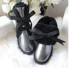 Рождественские зимние ботинки для девочек; зимние ботинки на овечьем меху; ботинки принцессы; кожаные ботинки на плоской подошве с бантом; высококачественные теплые ботинки для девушек