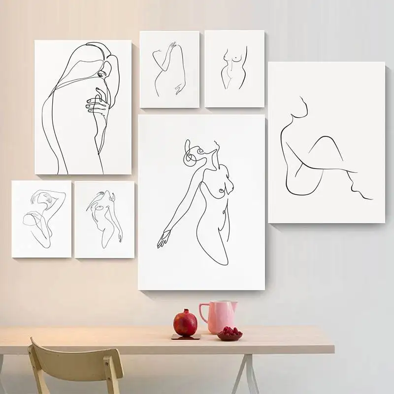 Canvas Wall Art Abstract Nude Line Drawing Woman Body Wall Art Fine Line Naked Female Outline