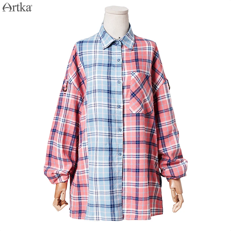 ARTKA/ Осенние новые женские блузки, Модная хлопковая цветная рубашка в клетку с отворотным воротником, Повседневная Свободная рубашка, пальто SA10490Q