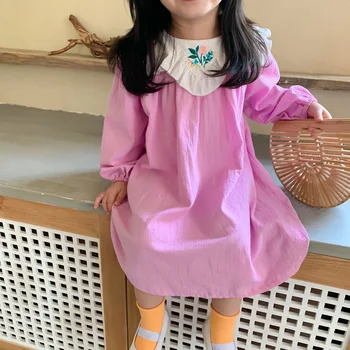 

3856 Sweet Girl Dress 2020 New Autumn 1-7 years Girl Clothes Long Sleeve Embroidered Collar Girl Princess Dress Plaid Clothes