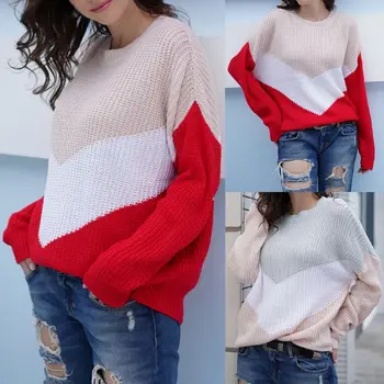 

2019 Autumn Women Ladies Slimming Color Stiching Sweater Knitted Pullover Sweater Jumper Oversized Ulzzang Outwear Clothing