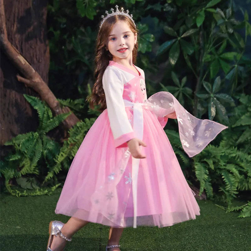 Новинка года; платье принцессы Эльзы для девочек; блестящее зимнее платье для маленьких детей на Рождество, день рождения, вечеринку; маскарадный костюм Анны, Vestidoes - Цвет: Pink Full Sleeve