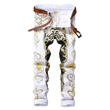 Мужские зауженные джинсы с принтом, модные прямые белые джинсовые штаны с цветочным принтом, длинные брюки, одежда для хип-хопа, мужские облегающие джинсы