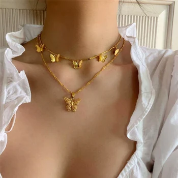 

Boho Double Layer Necklace Cute Butterfly Choker Necklace For Women Gold Color Clavicle Chain Fashion Female Chocker Jewelry New
