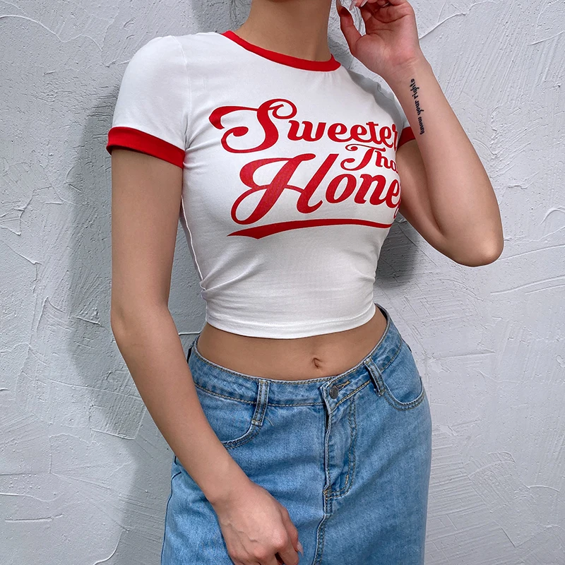 HEYounGIRL Повседневная белая Базовая футболка с буквенным принтом, женская модная укороченная футболка с коротким рукавом, Женская облегающая Корейская летняя футболка