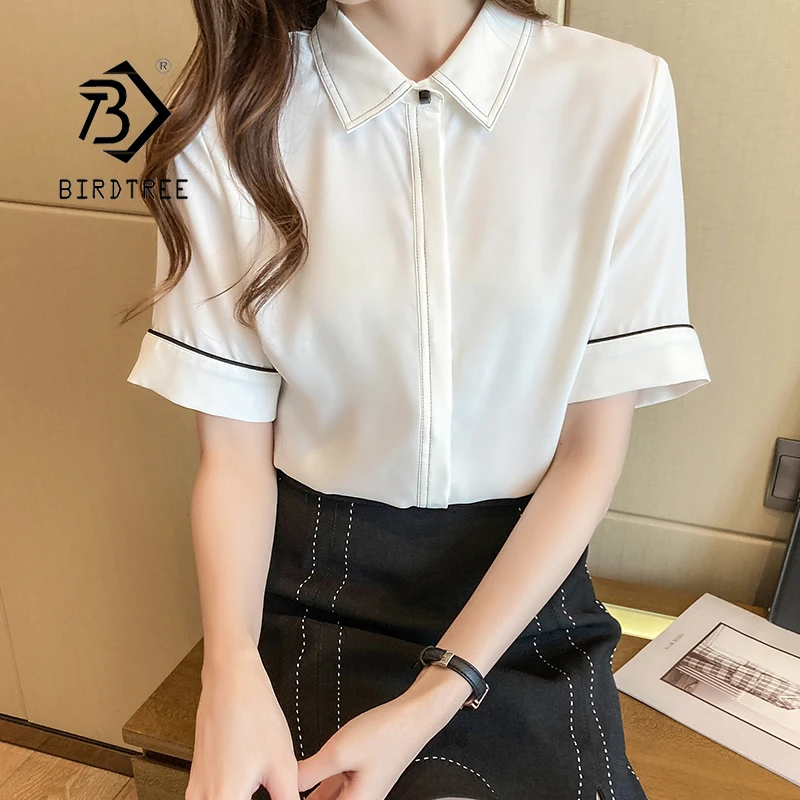 Camisas elegantes para mujer, de gasa con cuello vuelto, camisa de manga corta para mujer, de trabajo, Tops de negocios T15712X - AliExpress Ropa de mujer