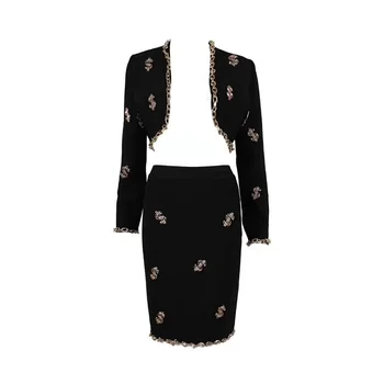 

2019 New Black Bandage Suits For Women Luxury Fashion Metal Chain Long Sleeve Celebrity Short Coat & High Waist Mini Skirts