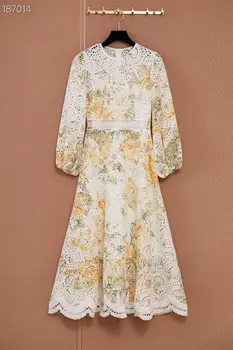 

2020 Autumn Runway Dress Elegant Hollow Out Floral Embroidery Lace Long Dress Women Lantern Sleeve Empire Holiday Dresses