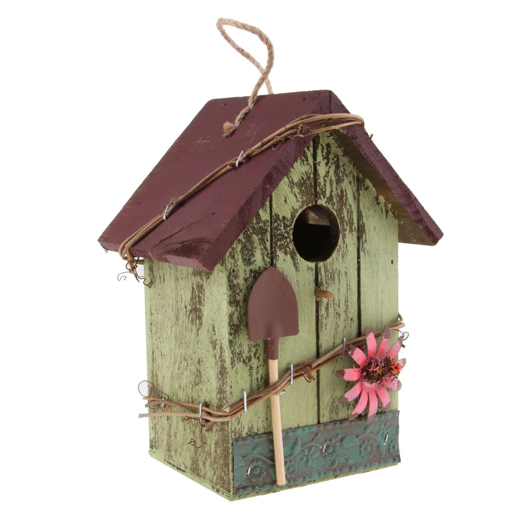 Decorative Bird House with Flower, Jute Cord, Ladybug, Hanging Garden Decoration Hanging Nest Hanging Bird House Bird Feeder