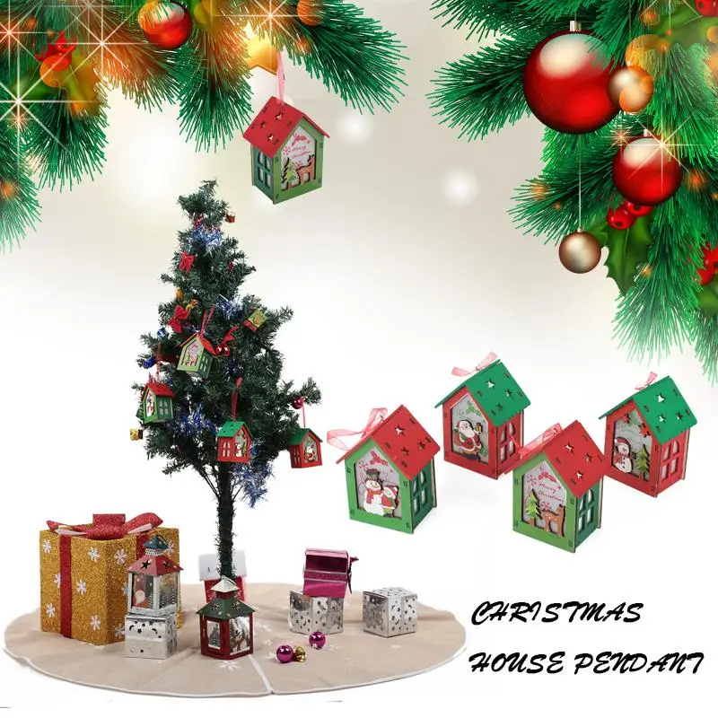 House Xmas Tree Hanging Wood Luminescence Christmas Ornaments Gifts Indoor Beautiful Decoration Party Cabin | Дом и сад
