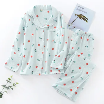 

Women's Casual Long Sleeves Tops& Pants Cotton Gauze 2PCS Pajamas Suit Pijamas Loose Sleepwear Cute Printed Lovely Home Clothes