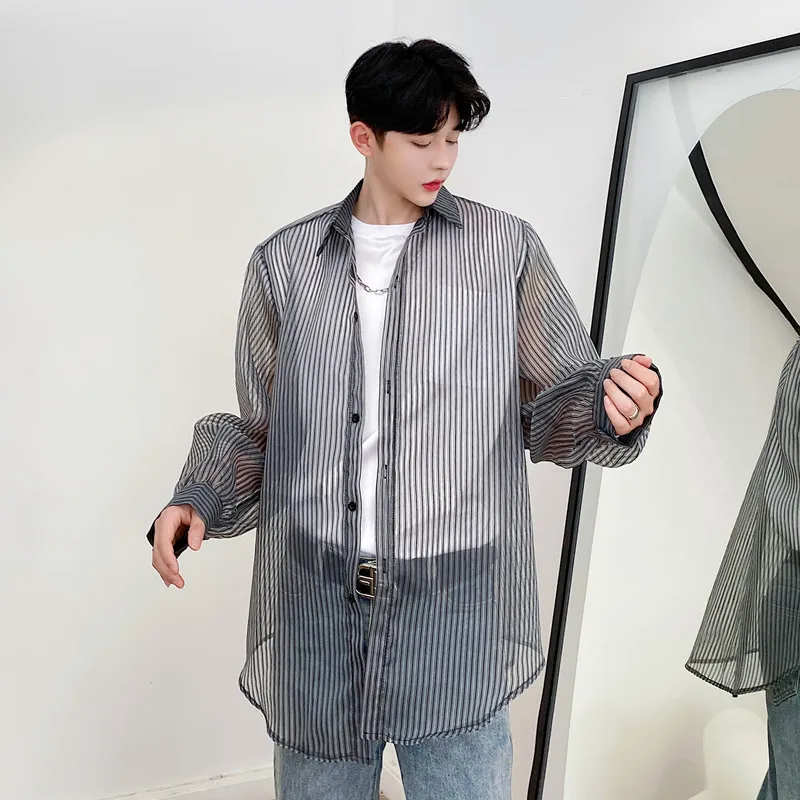 Мужская дышащая полупрозрачная полосатая Повседневная тонкая рубашка с длинным