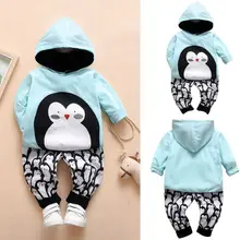 CANIS, осенне-зимняя одежда для малышей, топы с длинными рукавами и капюшоном с милым пингвином+ штаны, одежда из 2 предметов