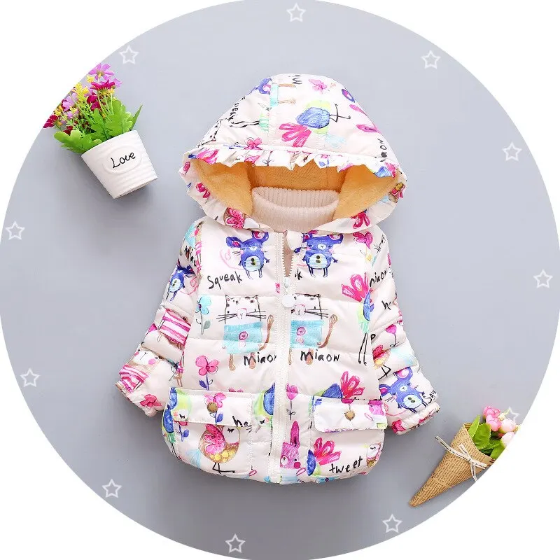 

Oeak Baby Girls Warm Coat 2019 Winter Long Sleeve Velet Baby Outerwear Warm Down Cute Cartoon Print Girls Coats