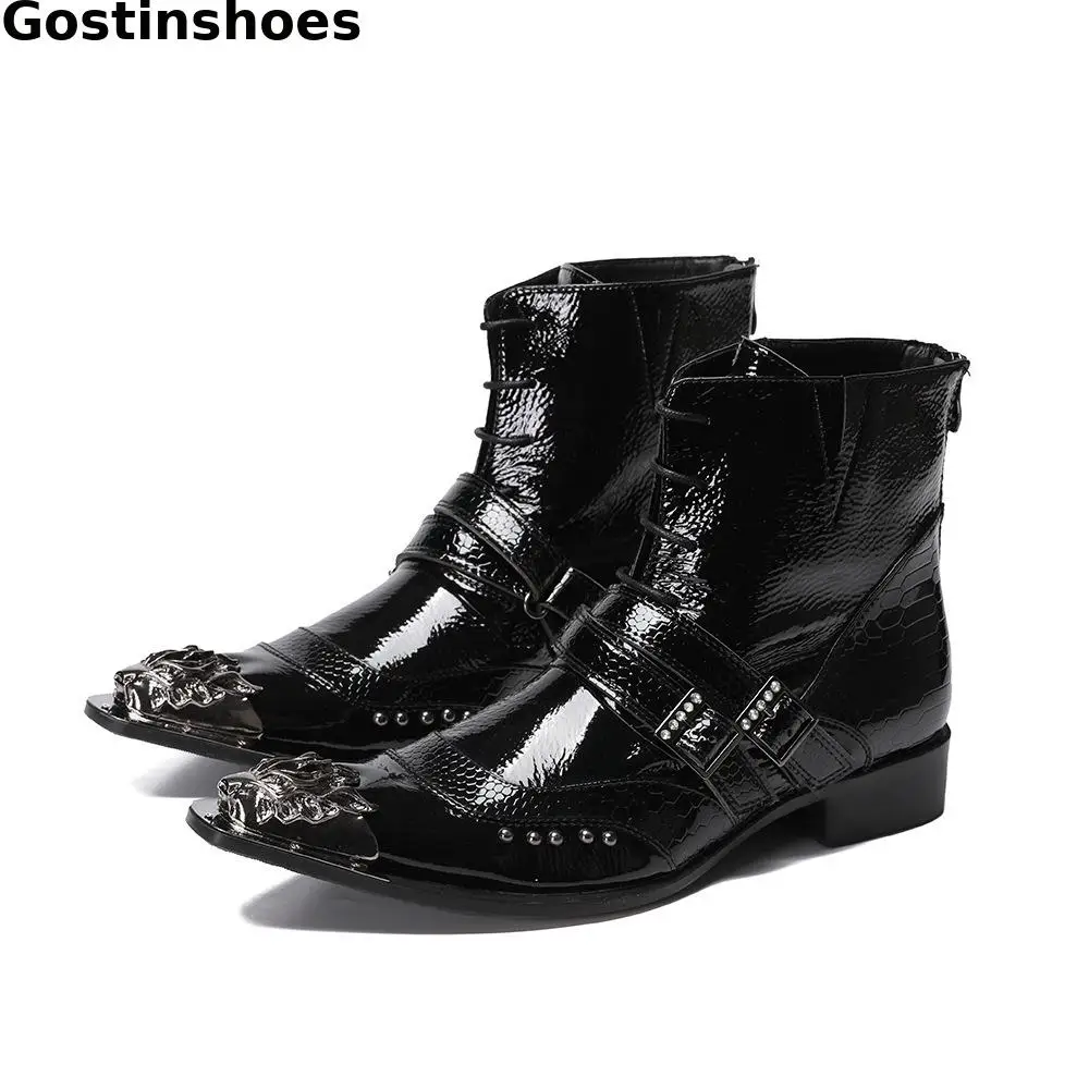 

Buckle Strap Mens Boots Black Genuine Leather Pointed Stainless Steel Cap Toe Head Men Dress Work Formal Short Ankle Boots