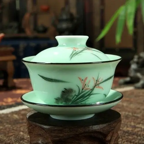 [GRANDNESS] Longquan Gaiwan Набор фарфоровый чайный стаканчик расписанный вручную цветочный чай Sancai чашка 170 мл - Цвет: Orchid
