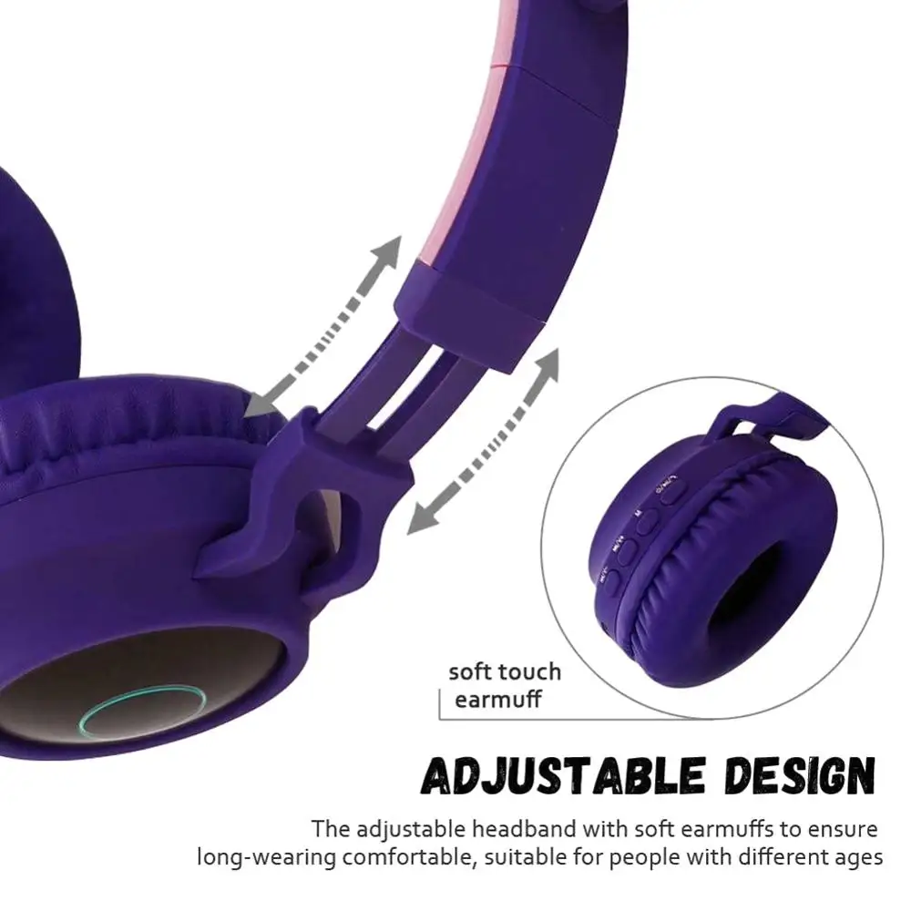 Girls Cute Cate Wireless Headphones LED Deep Bass Lighting Bluetooth 5 0 Earphone Support TF Card with Jack 3 5mm Mic for Kids