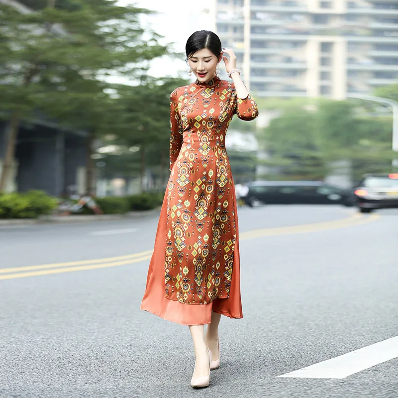 

2019 Spring and Autumn models retro Slim Long Ao Dai cheongsam dress