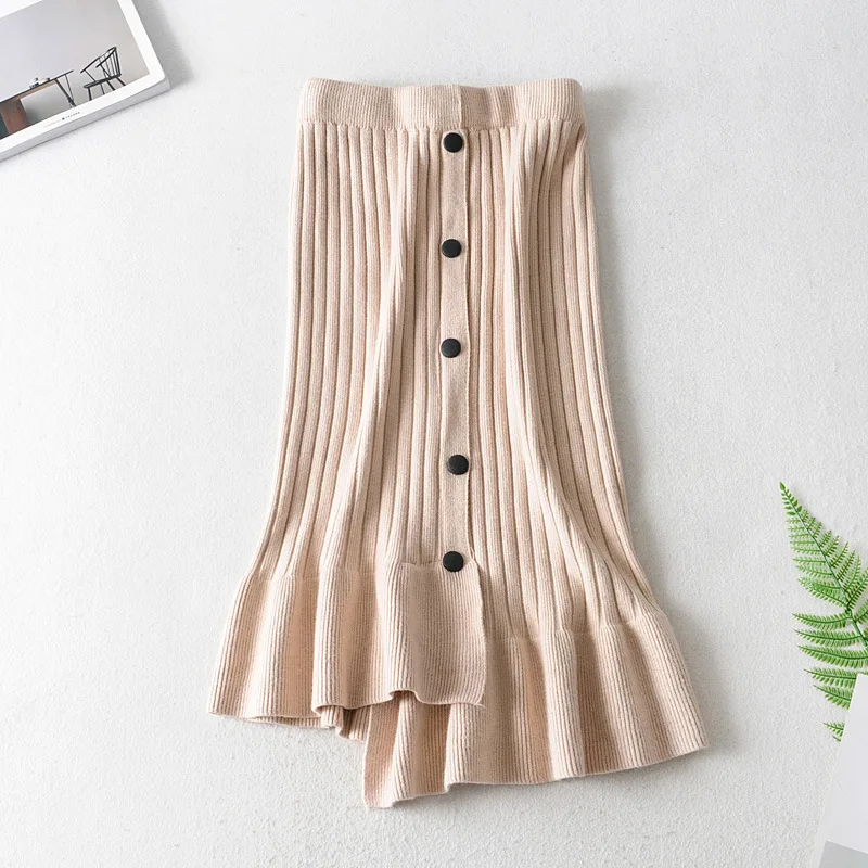 

winter vintage flexible stretch high waisted single breasted ruffle asymmetrical knitted skirt for women black grey beige skirts