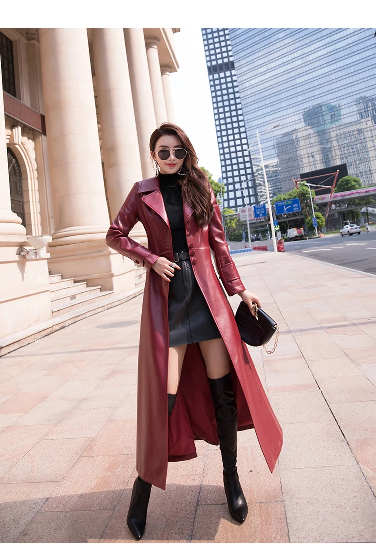 Nerazzurri Maxi fit and flare leather trench coat for women 2021 spring Long luxury designer clothing women long sleeve lapel down parka women