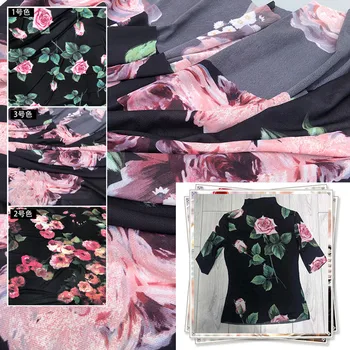 

Autumn and winter new rose stretch mesh polyester printed fashion base clothing diy fabric cloth for dress per meter material