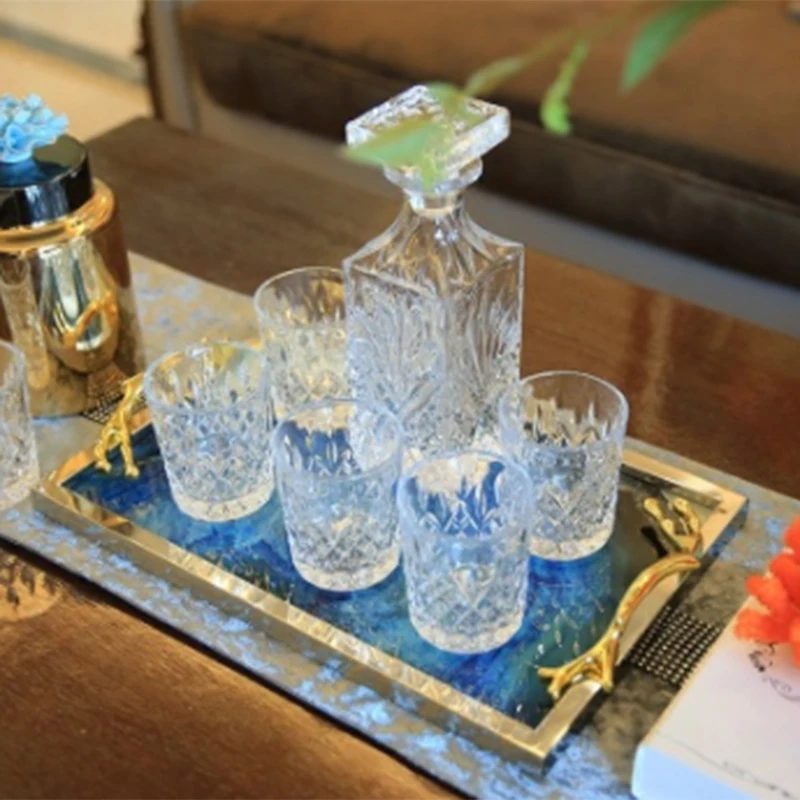 

Hot New European Blue Agate Stone Pattern Rectangular Tray Decoration Home Living Room Coffee Table Storage Bed Decorations