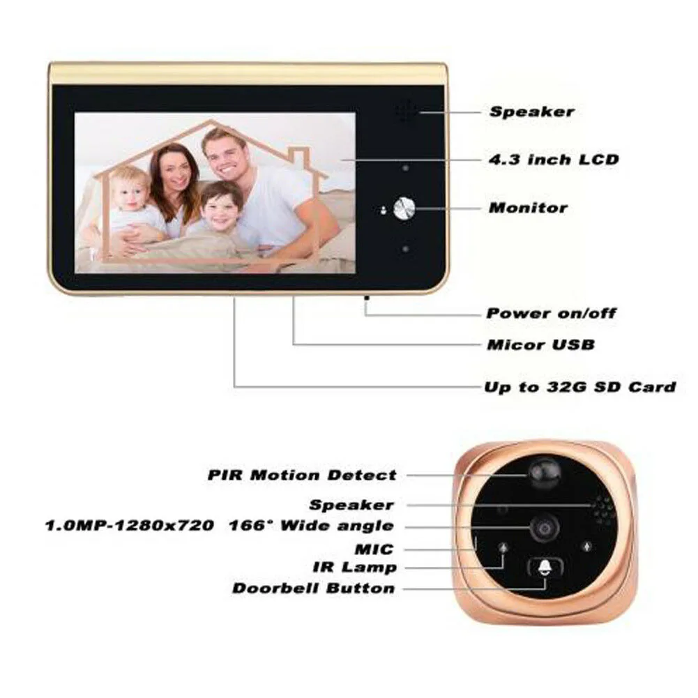 

Smart WIFI HD Peephole Night Vision Motion Detection Visual 4.3 Inch LCD Video Doorbell Intercom Infrared Phone Camera Home