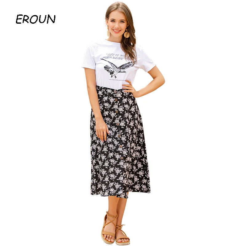

Summer Skirt Womens 2020 The New High Waist Floral Skirt Woman Was Thin Button Long Irregular Female A-line Skirt