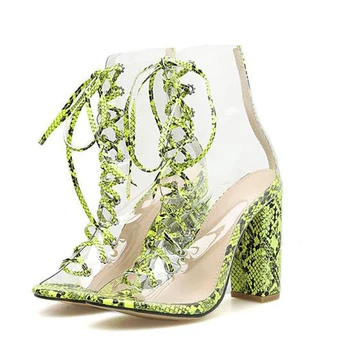 

Fashion New Sexy Women Open Toe Mixed-colors Snakeskin Chunky Heel High Platform Sandals One PVC Strap High Heel Sandals Heels