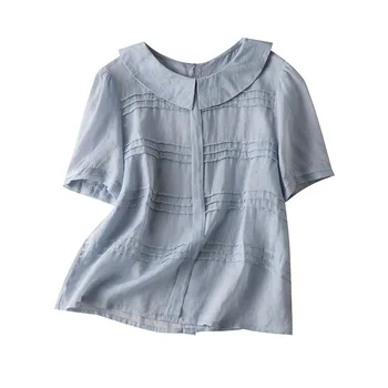 

Young Style 100% Ramie Spliced Blouse and Top Women Turn-down Collar Women's Things for The Summer Blusas Femininas Elegantes