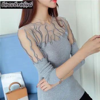 

2020 Hitz head lace flounces Korean sweater slim slim female long sleeved shirt color sweater