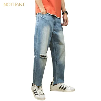 

Japanese retro hit color wash nine points jeans male trend loose feet broken hole embroidery cowboy harem pants male