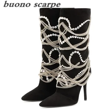 

Sexy autumn and winter new stiletto high heel chain zipper boots