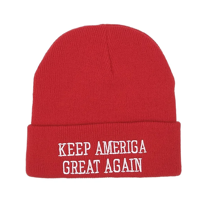 Вышивка Trump, шапка бини для женщин и мужчин, вязаные теплые зимние шапки, уличная Лыжная шапка, одноцветная хип-хоп Повседневная шапка с манжетами - Цвет: red 2