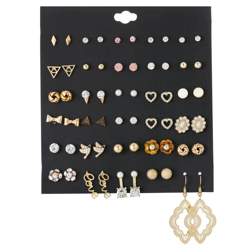 

30 Pairs Vintage Gold/Silver Alloy Geometric Crystal Rhinestone Earrings For Women Cute Bird Flower Small Stud Earings Set Mixed