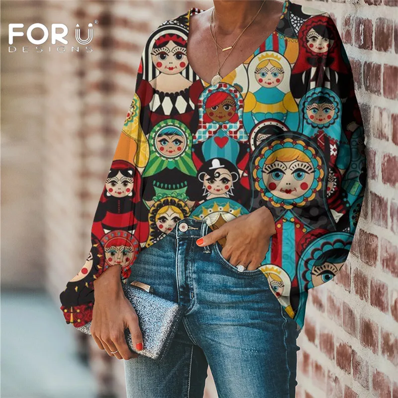 FORUDESIGNS Large Size Women Blouse Russian Matryoshka Pattern 2020 Casual Loose Long Sleeve Shirt Tops V neck Female Clothing|Blouses & Shirts| - AliExpress