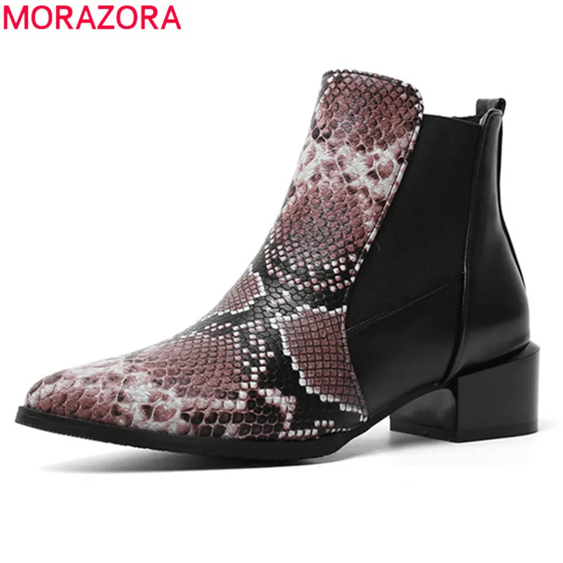 Comprar MORAZORA 2020 nuevas botas de tobillo para mujer, zapatos casuales de tacón bajo con punta de serpiente para Otoño Invierno, botas de Chelsea para mujer
