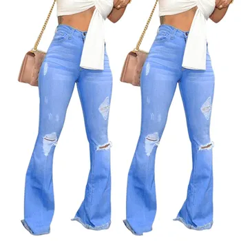 

Fashion Jeans Women High Waist Hole Jeans Button Tassel Pants Trousers Bell-bottom Pants Whoesale Free Ship джинсы женские Z4