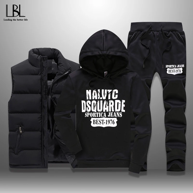 Mens Set Sweatshirts Tracksuits Hoodie Vest Casual Sportswear Warm Winter Plus-Size 3pieces