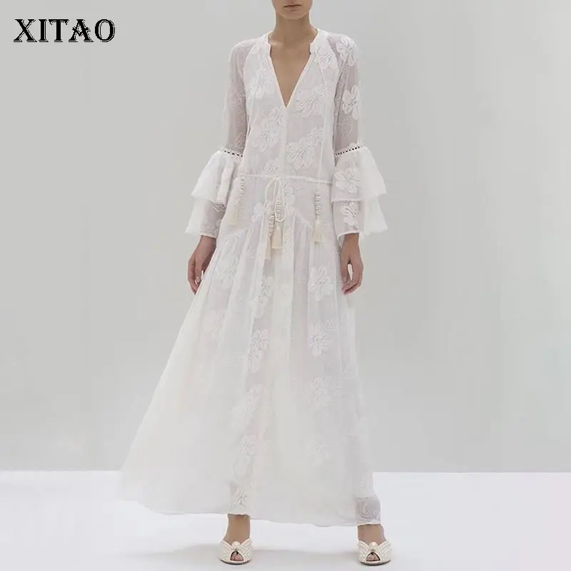 Женское лоскутное кружевное платье XITAO белое ажурное с оборками элегантное