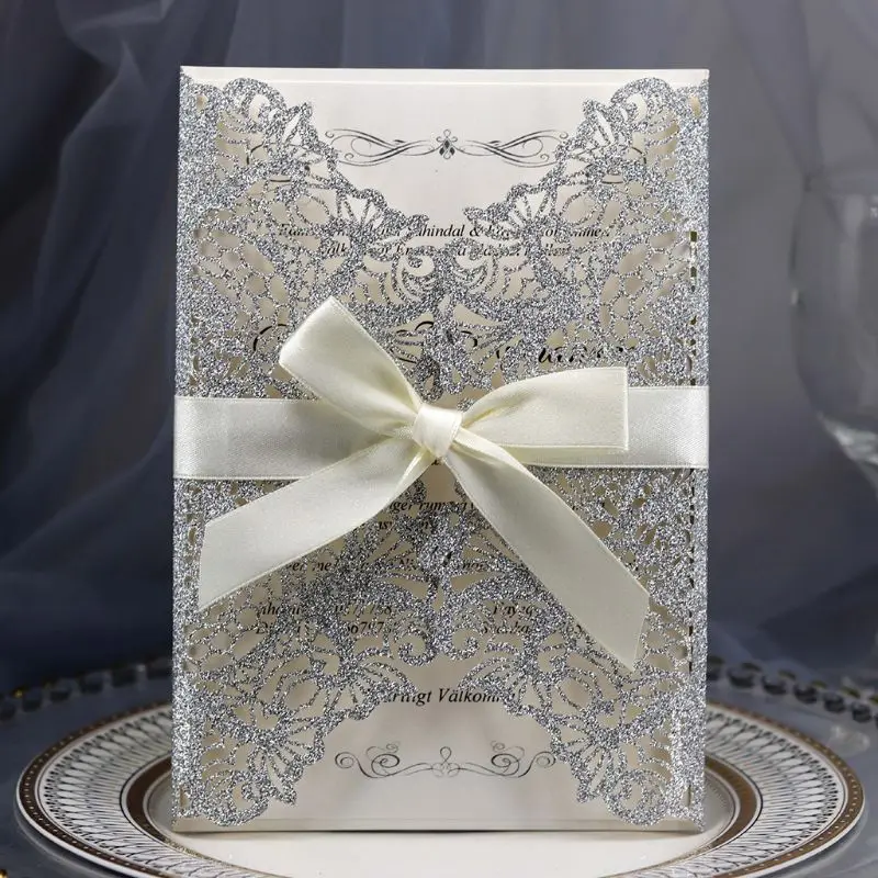 10pcs/set Laser Cut Glitter Lace Wedding Invitation Cards With Bow Ribbon Envelopes For Bridal Show - 4.00018E+12