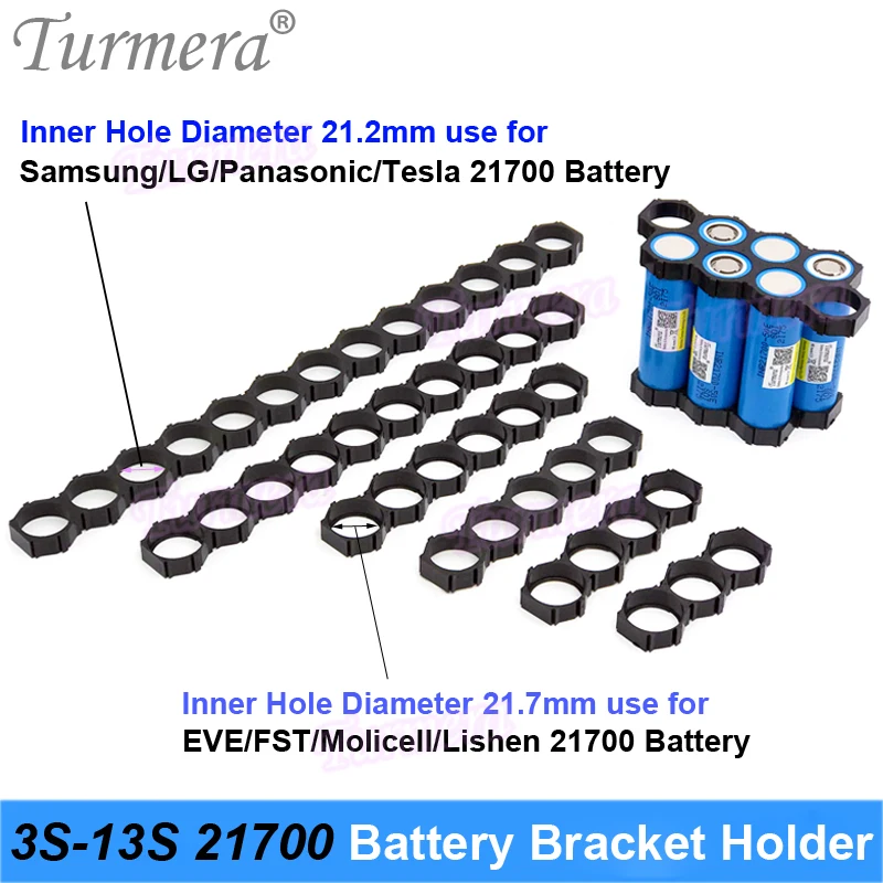 Turmera 10 개 3S 13S 21700 홀더 브래킷 ABS 접합 케이블 내부 구멍 직경 21.2mm 21.7mm 36V 48V 전자 자전거 배터리 사용