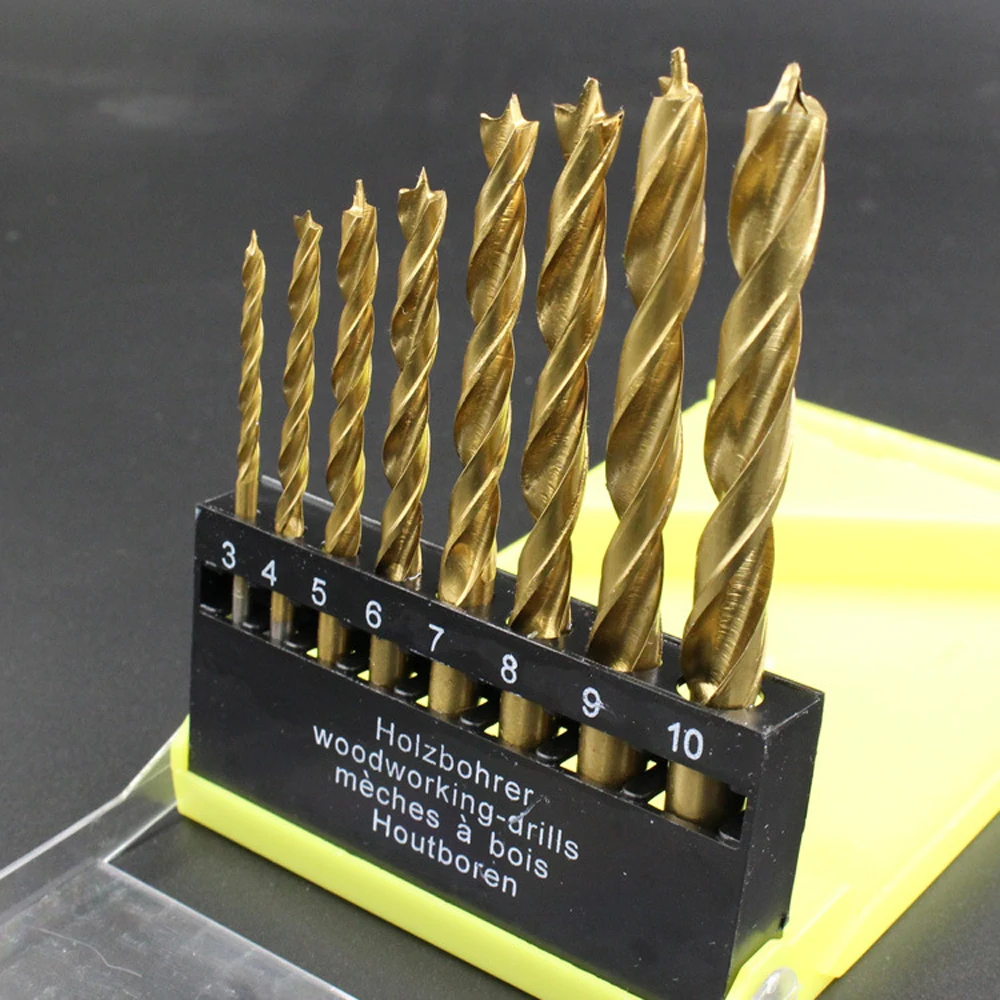

8pcs 3-10mm Titanium-plated Woodworking Three-point Drill Bit Set Wood Timber Drilling Tool Clearing Woodworking Drills