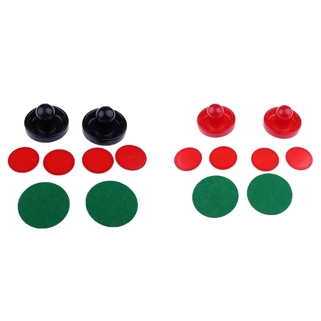 Two Air Hockey Felt Pushers Strikers Goalies Plus Four Pucks Set Three Sizes Red Dark Blue