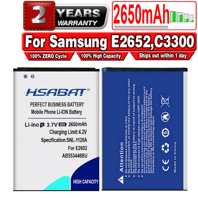 HSABAT 2650mAh AB553446BU Battery for samsung E2652,C3300,C3300K,E2120 ...