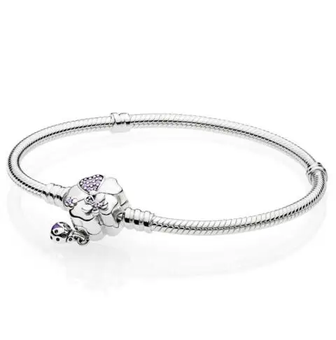 Подлинный 925 пробы серебряный браслет с цветочным орнаментом в виде дикого цветка луга, цепочка-змейка, браслет с подвеской из бисера, модное ювелирное изделие Diy