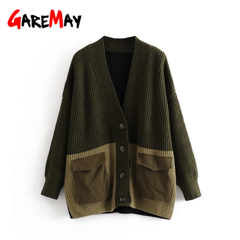 Loose Cardigan Women Long Sleeve Winter Warm Color Block Pocket Wool Knit Coat Female New Casual Knitting Sweater |